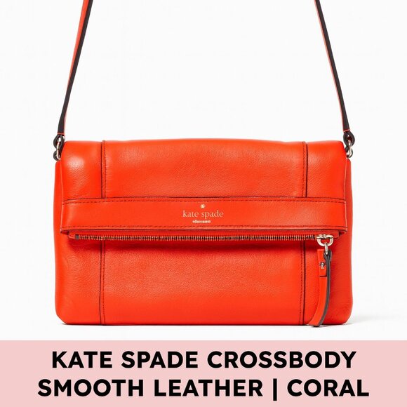 Kate Spade Coral Leather Crossbody Bag Foldover Holidaycore Statement Purse - Picture 1 of 11